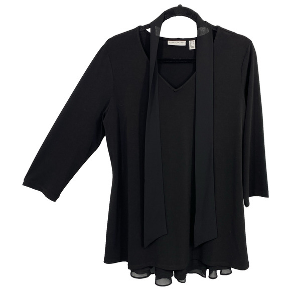 Susan Graver Tops - Susan Graver Medium Tunic Slinky Knit Black Ruffle Chiffon Tie V neck Lagenlook